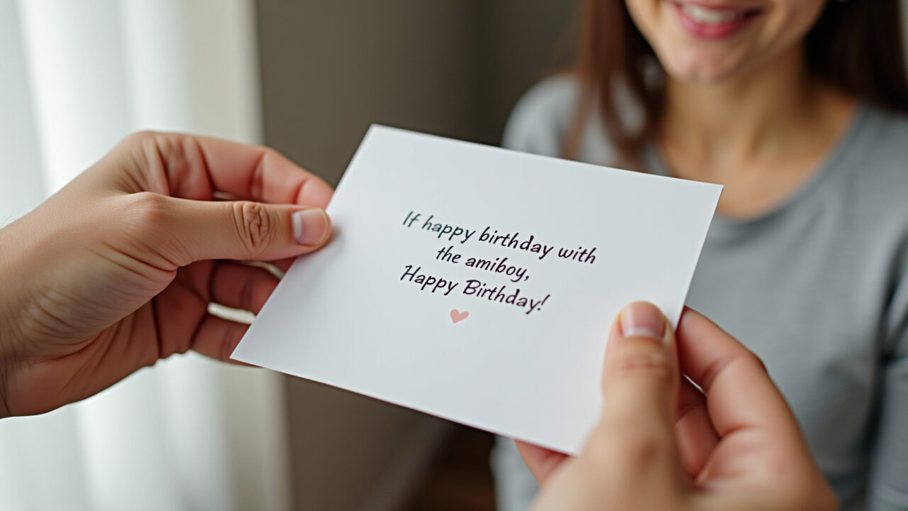 Close-up of hands exchanging a birthday card with a short, heartfelt message. Natural light, focus Mãos trocando cartão de aniversário com frase curta e carinhosa.