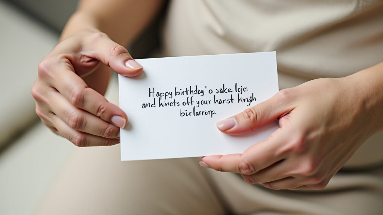 Close-up of hands holding a birthday card with a short, emotional message. Soft lighting, focus on Mãos segurando cartão de aniversário com frase emocionante.