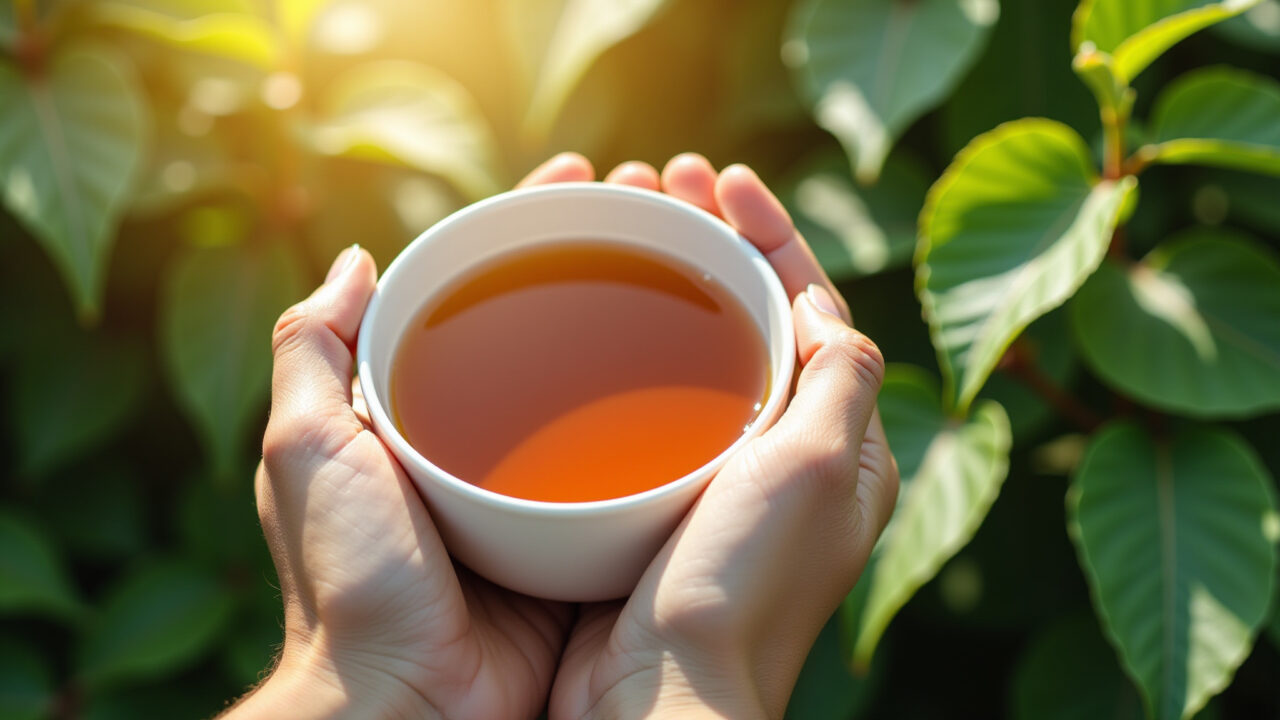 Close-up of hands holding a cup of mulberry leaf tea, sunlight filtering through leaves, healthy Mãos segurando chá de folha de amora.