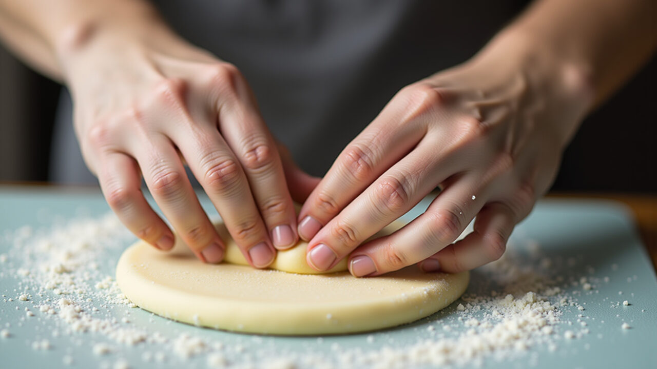 Close-up of hands kneading sugar paste on a silicone mat, professional photography, 8K quality, Mãos sovando pasta americana para evitar rachaduras.