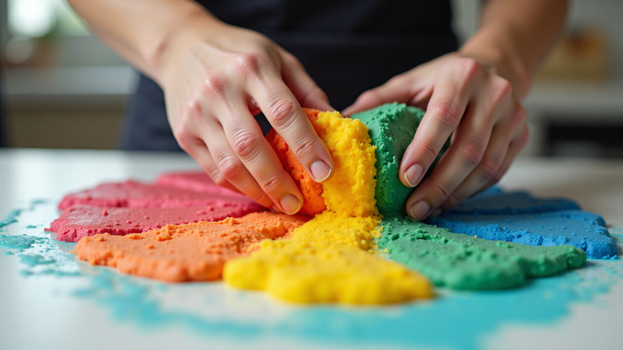 Close-up of hands kneading vibrant colored fondant, professional photography, 8K quality, sharp Mãos modelando pasta americana colorida.