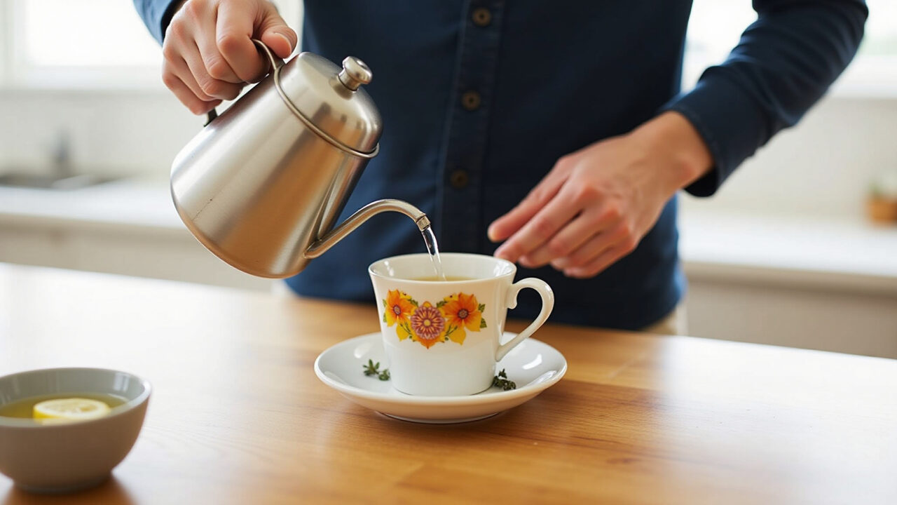 Close up of hands preparing calming tea, focus on pouring hot water, natural light, 8k, lifestyle Mãos preparando chá calmante, um guia prático para o preparo perfeito.