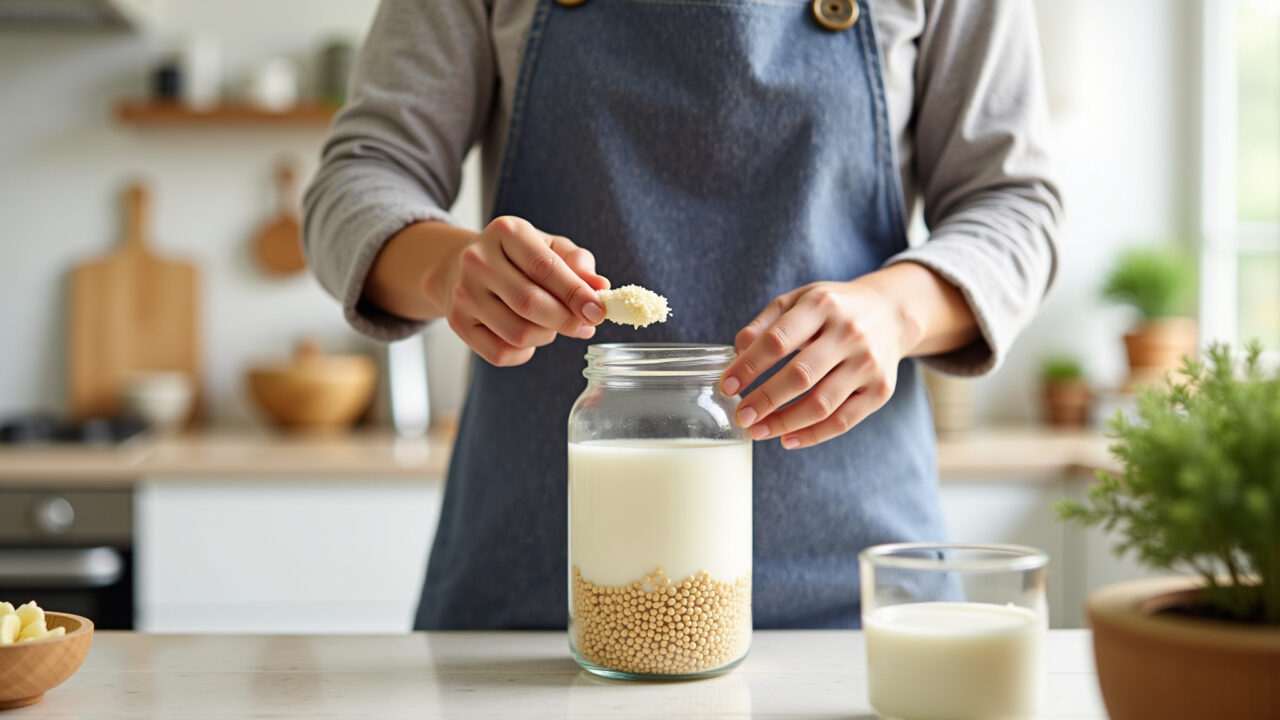 Close-up of hands preparing homemade kefir in a bright, modern Brazilian kitchen, natural light, Preparando kefir caseiro em pote de vidro.