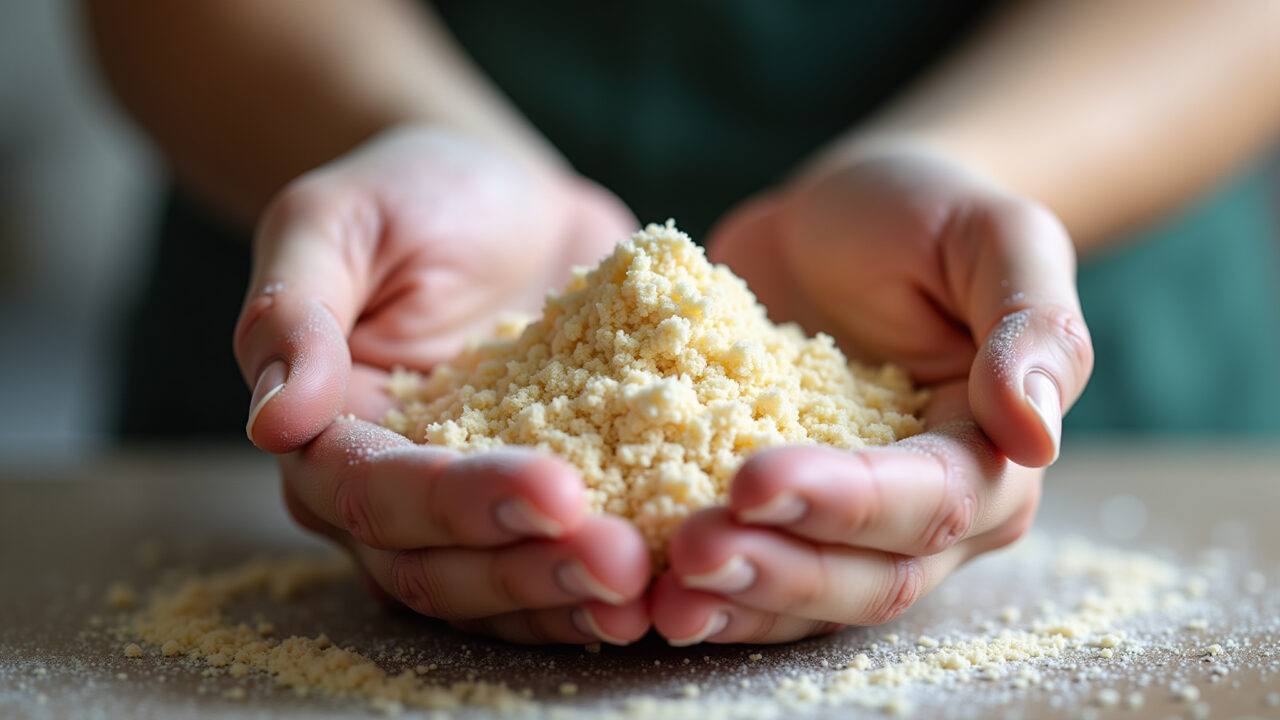 Close-up of hands rehydrating dry sugar paste, professional photography, 8K quality, natural Hidratando pasta americana ressecada.