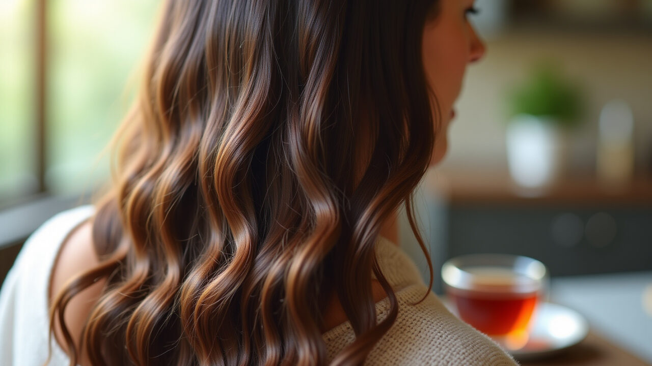 Close-up of healthy, shiny hair, cup of mulberry leaf tea in background, natural lighting, hair Cabelos saudáveis com chá de amora ao fundo.