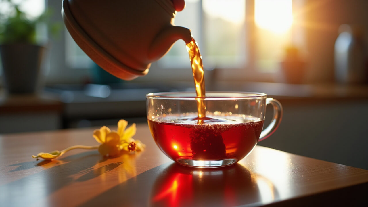 Close-up of hibiscus tea being poured into a glass cup, natural light, vibrant colors, Brazilian Chá de hibisco sendo servido em xícara de vidro.