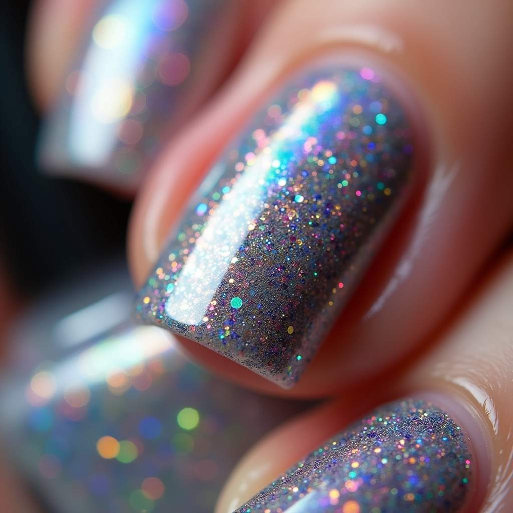 Close-up of holographic glitter nail polish reflecting rainbow colors, professional photography, 8K Unha com glitter holográfico furta-cor.