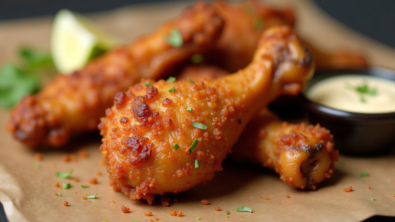 Close-up of homemade chicken drumsticks, crispy crust, Brazilian spices, dipping sauce, golden Coxinha de frango caseira crocante.
