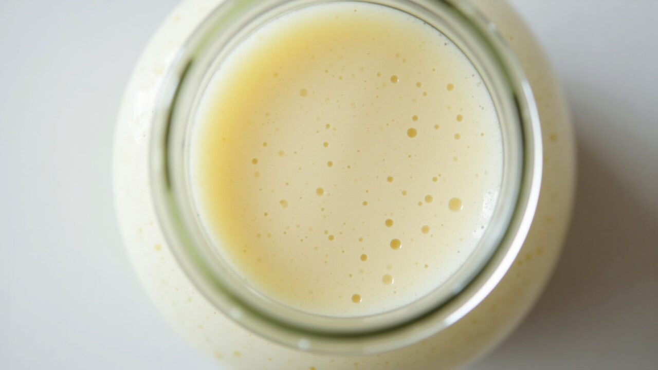 Close-up of kefir fermenting in a glass jar, 24 hours later, bubbles visible, natural light, 8K, Kefir fermentando em pote de vidro.
