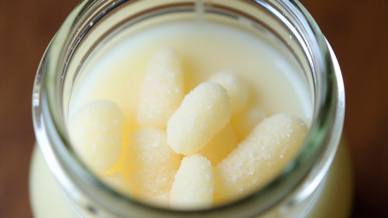 Close-up of kefir grains in a glass jar, highlighting their texture and color, natural light, sharp Grãos de kefir de alta qualidade em detalhe.