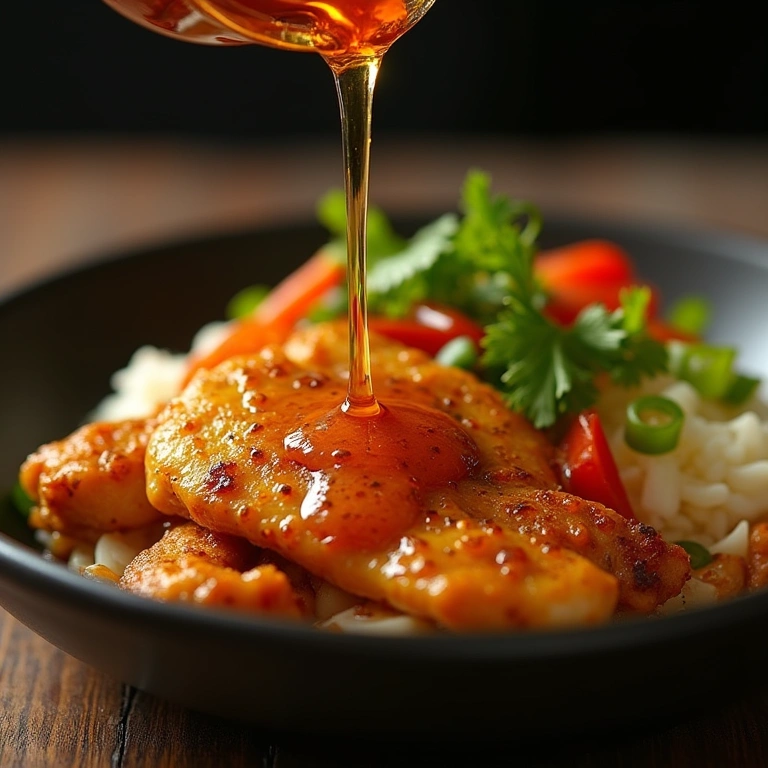 Close-up of light frango xadrez sauce being poured over chicken and vegetables, shoyu light, Molho light para frango xadrez com shoyu, gengibre e mel.