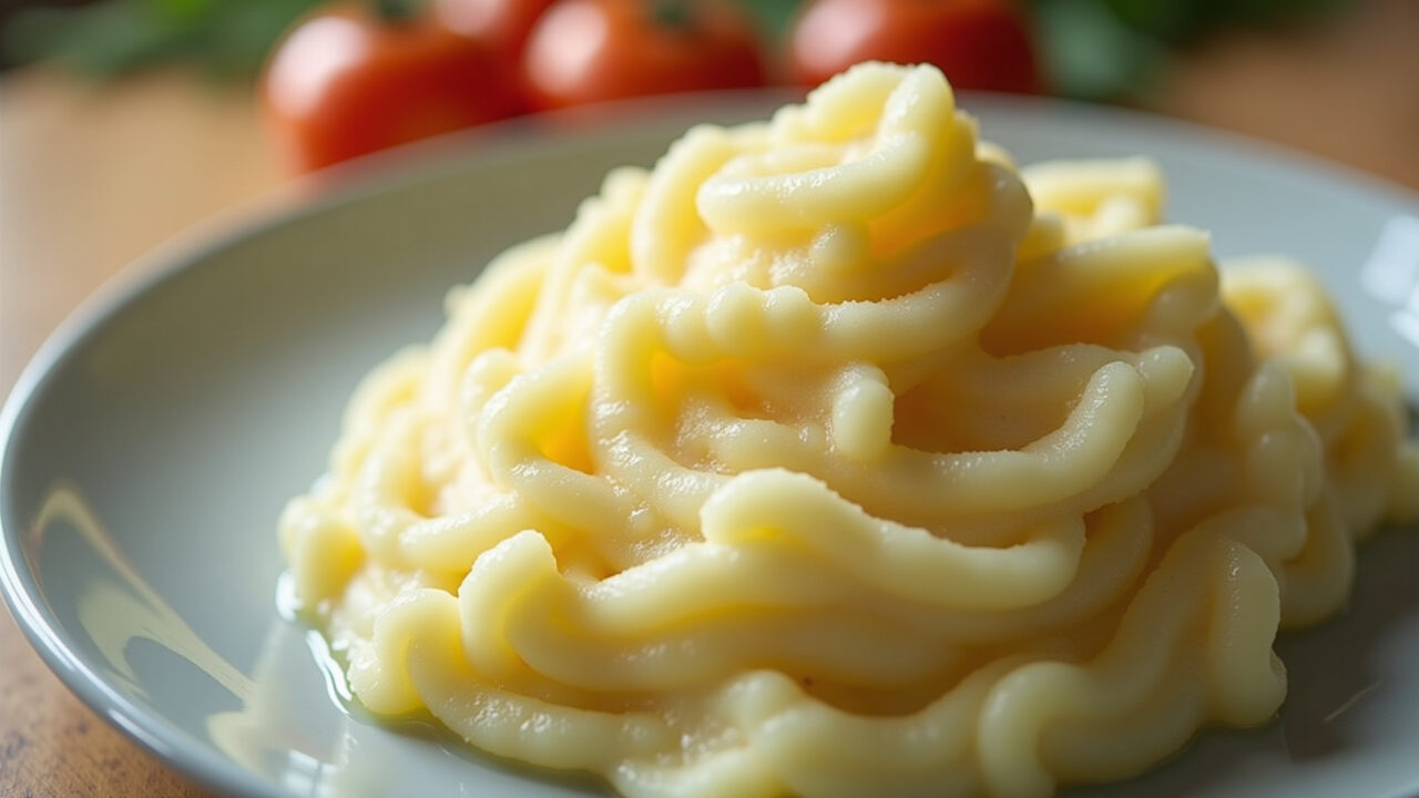 Close-up of mashed potatoes with excessive water after thawing. Problem-solving concept. 8K, sharp Purê de batata congelado aguado.