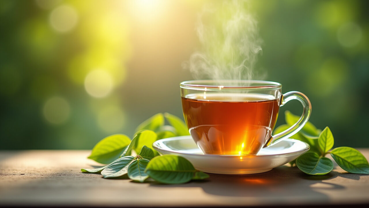 Close-up of moringa tea in glass cup, sunlight, healthy lifestyle, vibrant, professional Chá de moringa em copo de vidro com luz solar.