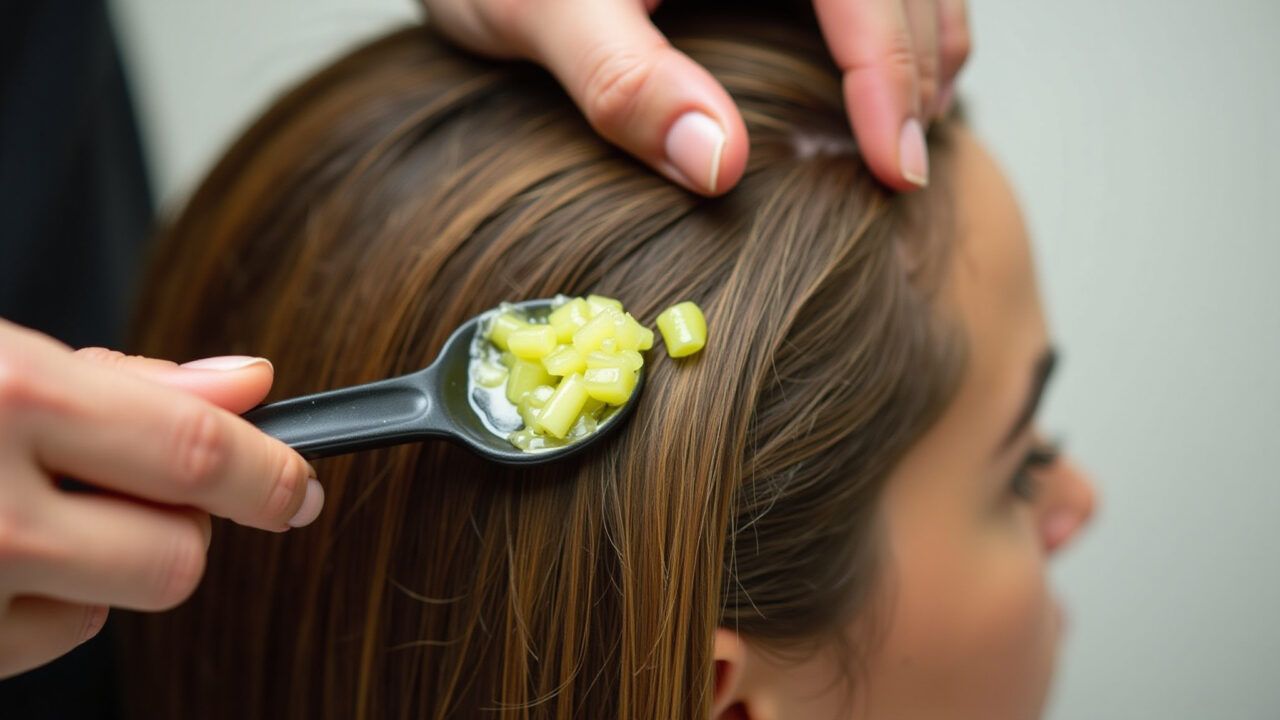 Close-up of okra and lemon mixture being applied to oily hair. Professional photography, 8K Tratamento de quiabo e limão para cabelos oleosos.