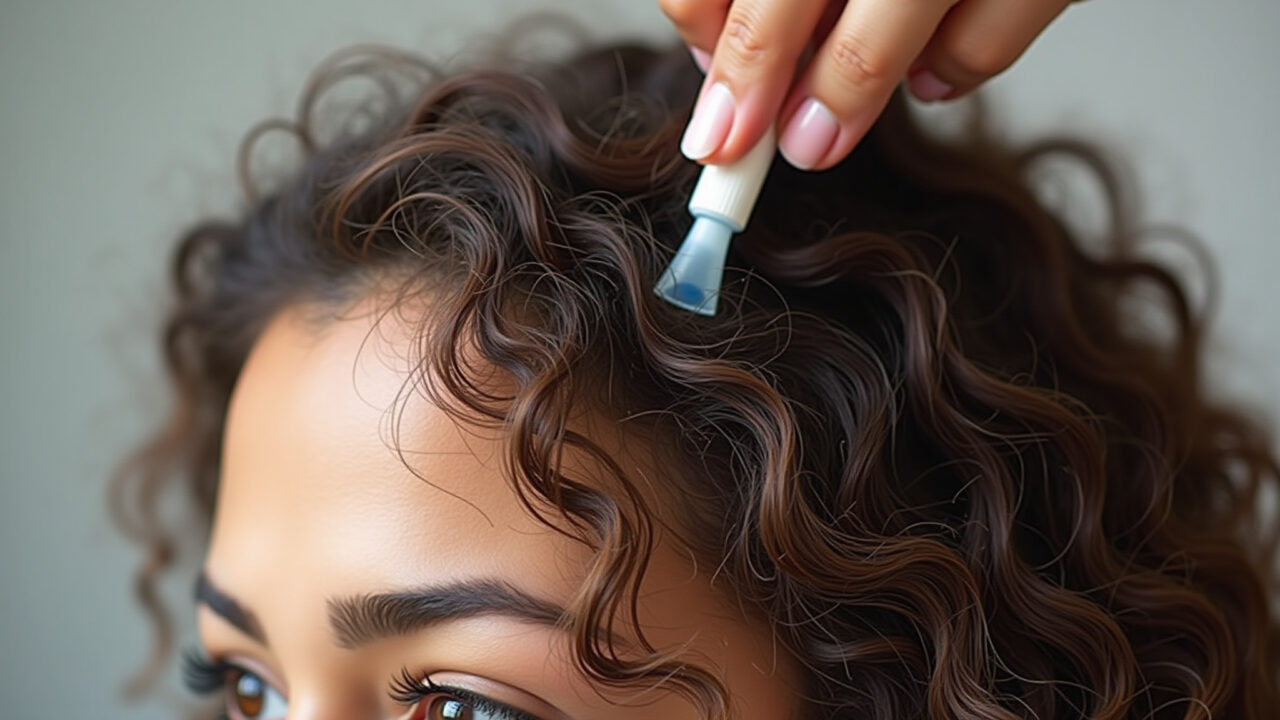 Close-up of okra gel being applied to frizzy hair. Professional photography, 8K quality, sharp Aplicação de gel de quiabo para reduzir o frizz.