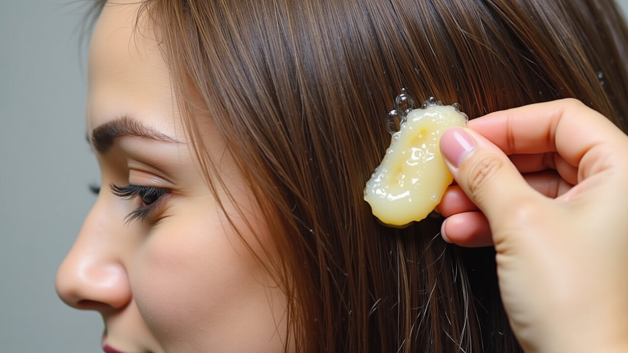 Close-up of okra gel with honey being applied to dry hair. Professional photography, 8K quality, Aplicação de gel de quiabo e mel para hidratação.