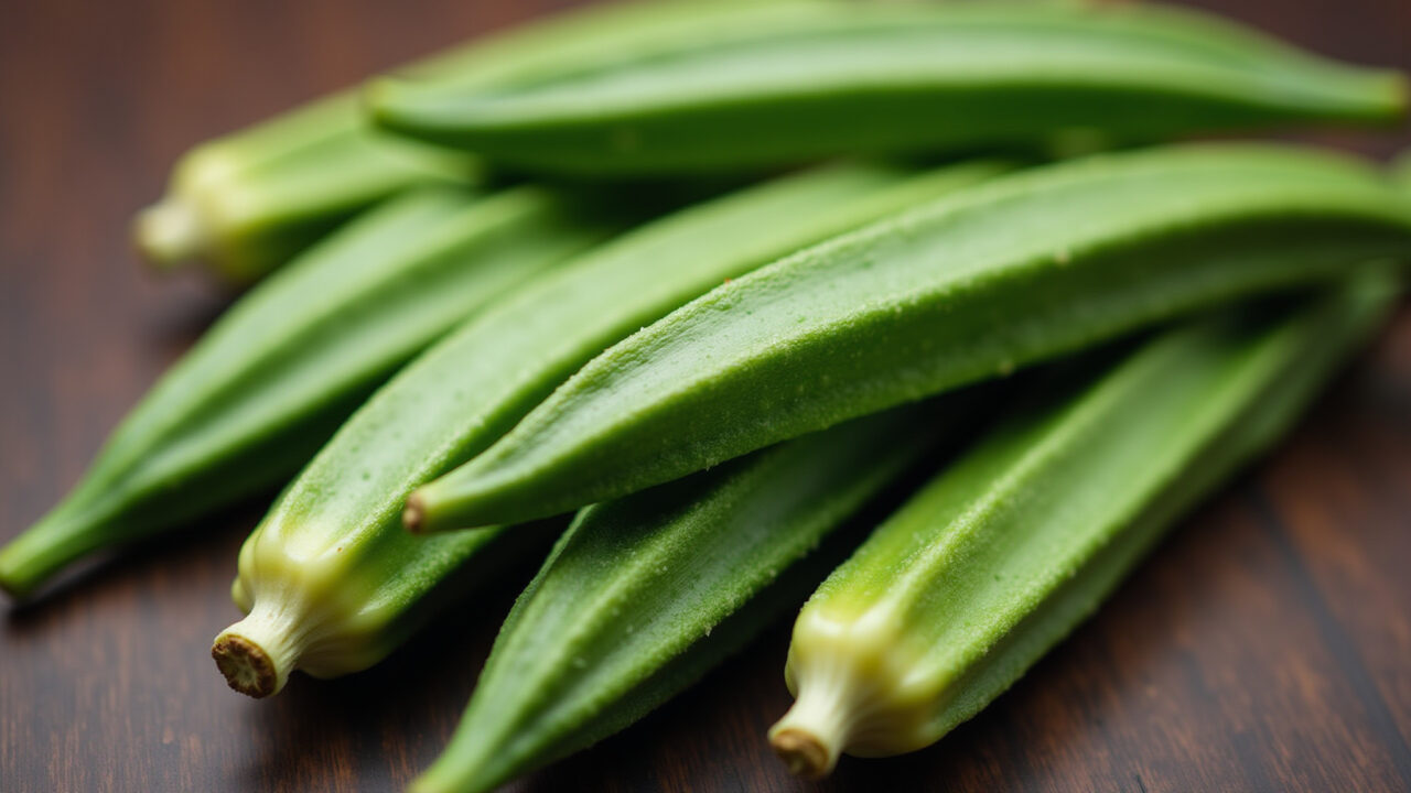Close-up of okra, highlighting its nutritional benefits, healthy eating, professional photography, Close-up de quiabo mostrando seus benefícios nutricionais.