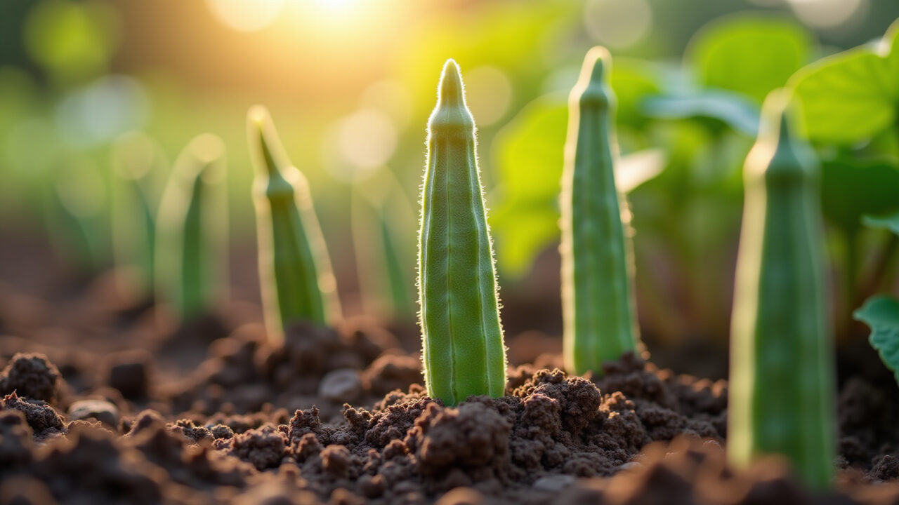 Close-up of okra seedlings sprouting in rich soil, bathed in warm sunlight. Professional Mudas de quiabo germinando sob a luz do sol.