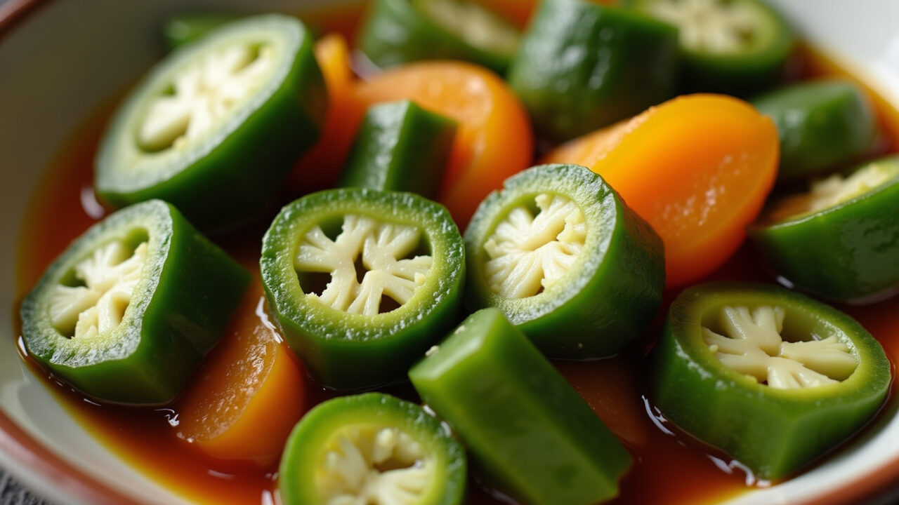 Close-up of okra slices in a vibrant Brazilian dish, showcasing its natural texture. Professional Quiabo fresco em um prato brasileiro colorido.