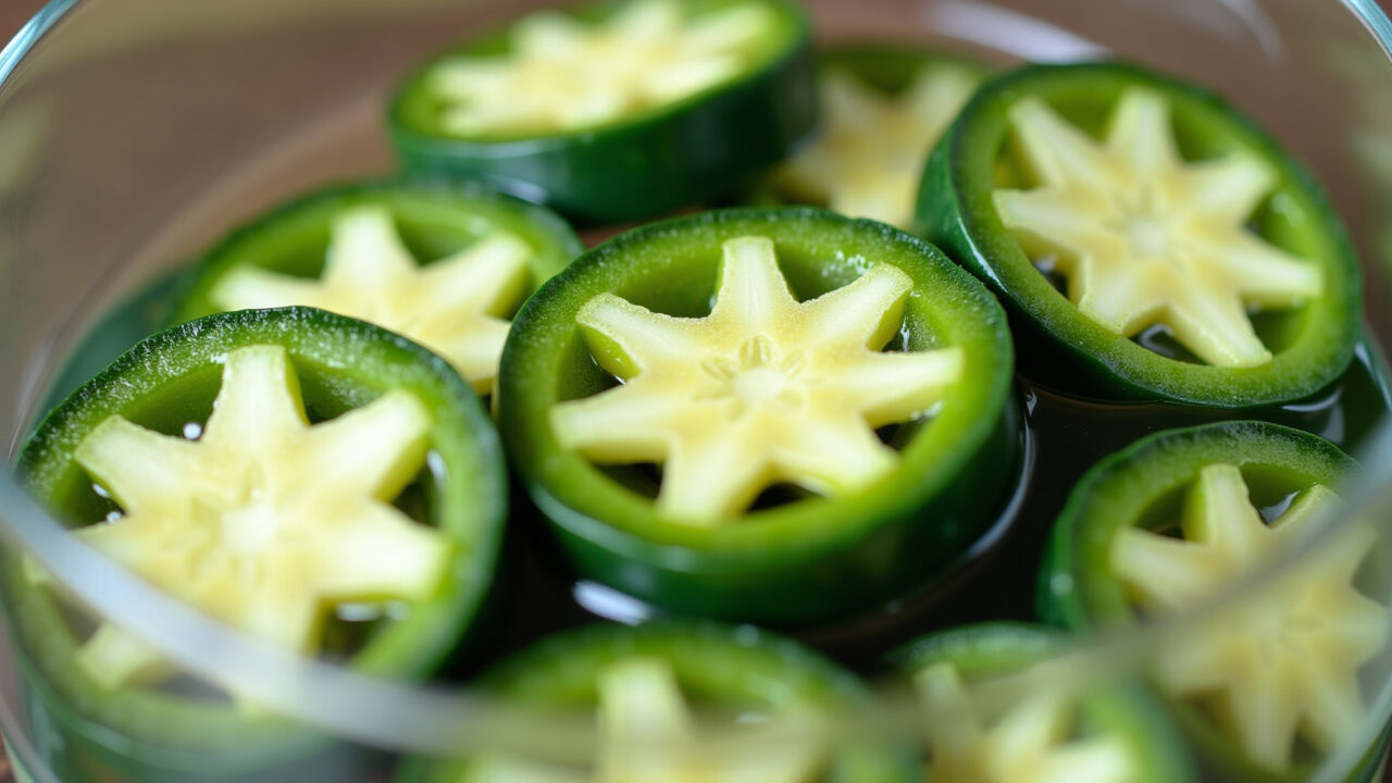 Close-up of okra slices soaking in a glass of water. Natural light, 8k quality, sharp focus, Preparando água de quiabo para intestino preso.