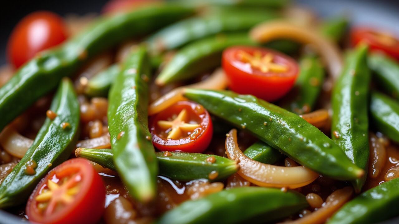 Close-up of okra stir-fry with garlic, onion, and tomato, vibrant colors, natural lighting, 8K Quiabo refogado com alho, cebola e tomate.