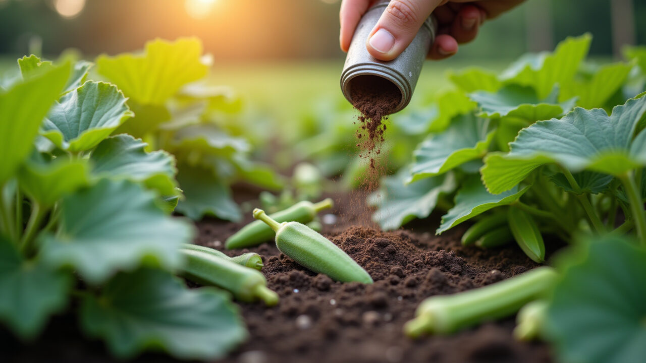 Close-up of organic fertilizer being applied to okra plants. Natural lighting, 8K quality, sharp Adubando quiabo com adubo orgânico.