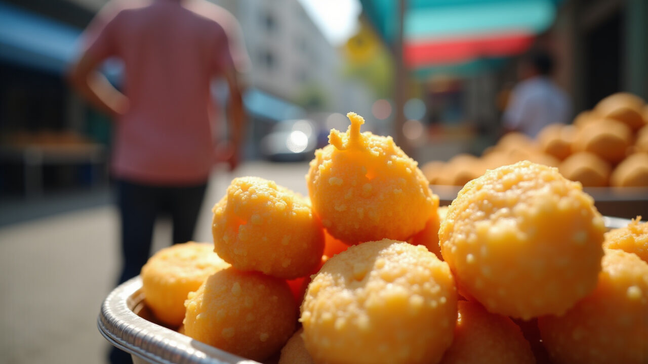 Close-up of pastel being fried, golden and crispy, street market setting, bright daylight, Massa de pastel caseiro com farinha de trigo.