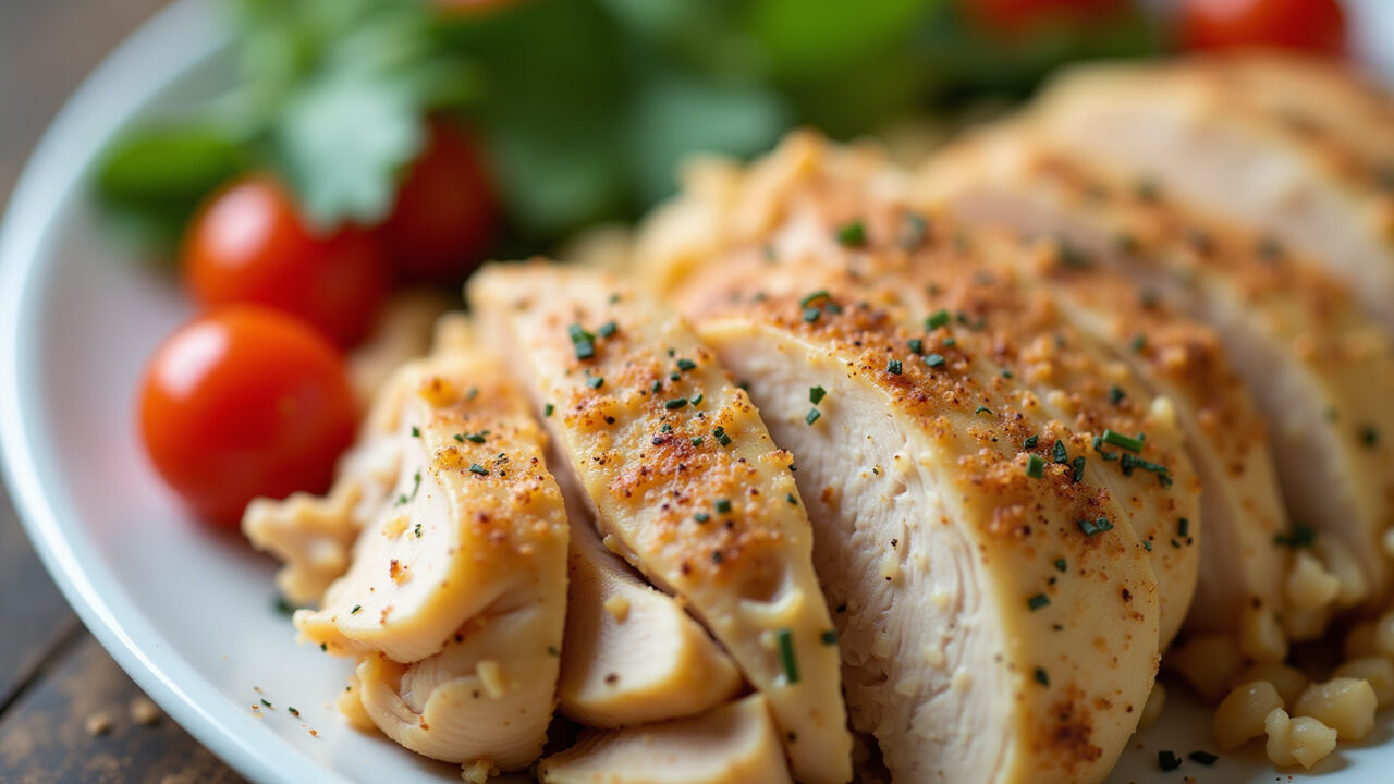 Close-up of shredded chicken breast, steamed vegetables, healthy spices, clean eating concept, Frango desfiado fit para dieta.