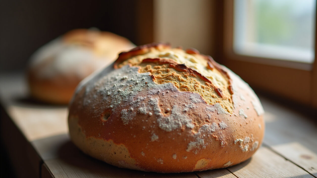 Close-up of sourdough bread with a bubbly crust, rustic table, natural light, 8k quality, sharp Pão caseiro de fermentação natural (levain).