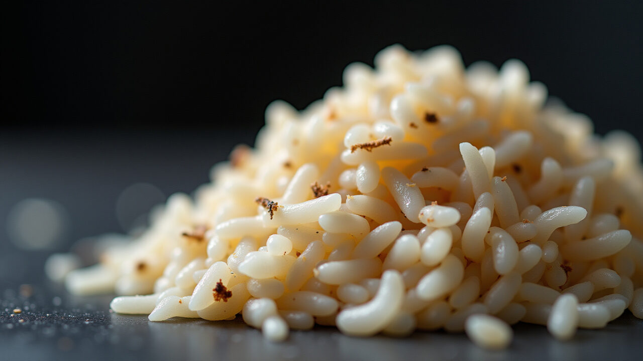 Close-up of spoiled rice, moldy texture, bad smell, concept of food spoilage, professional Arroz cozido com sinais de deterioração, indicando que não está bom para consumo.