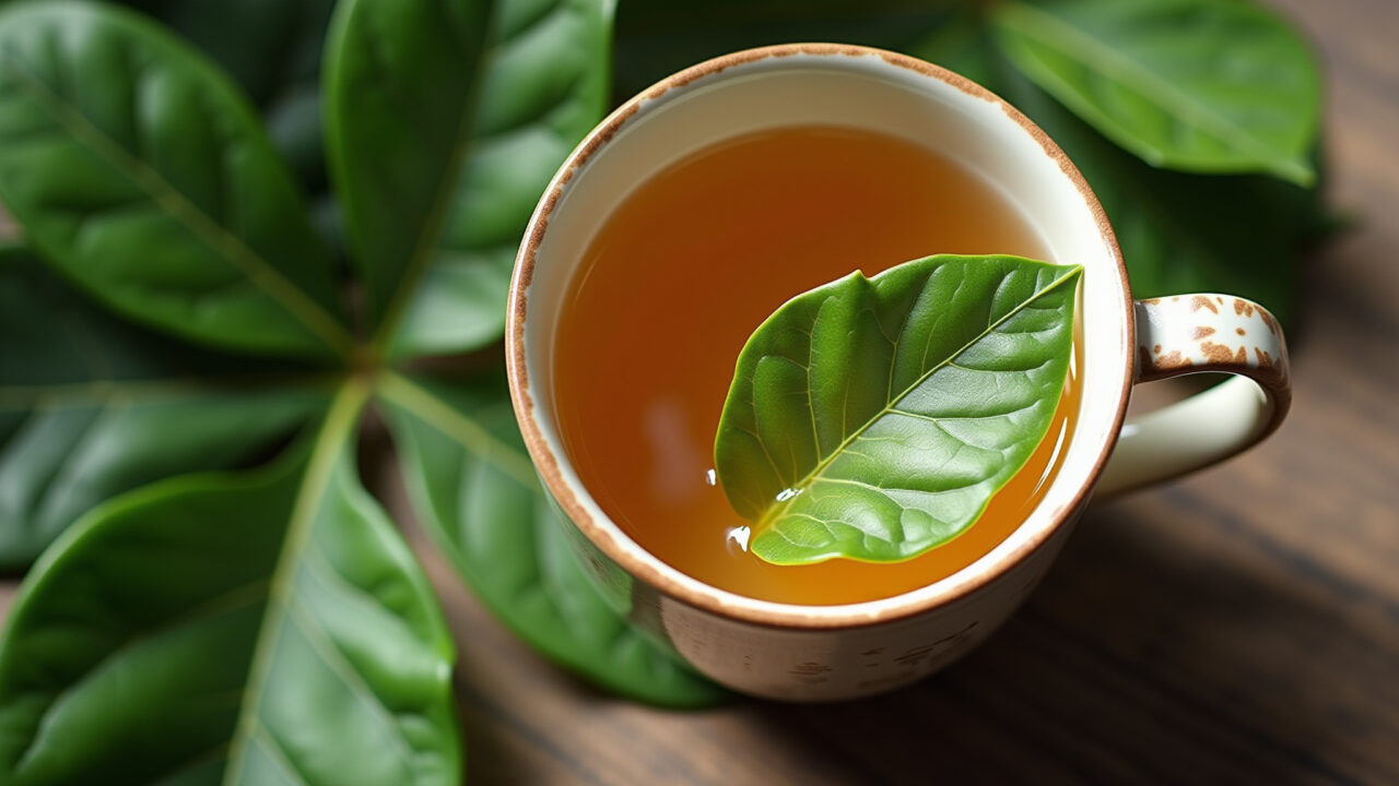 Close-up of steeping papaya leaf tea, natural lighting, vibrant green leaves, ceramic cup, Xícara de chá de folha de mamão verde sendo preparado.