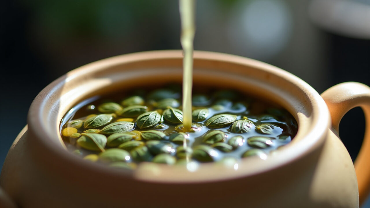 Close-up of tea leaves being infused in hot water, Brazilian ceramic teapot, professional Folhas de chá em infusão em bule de cerâmica brasileiro.