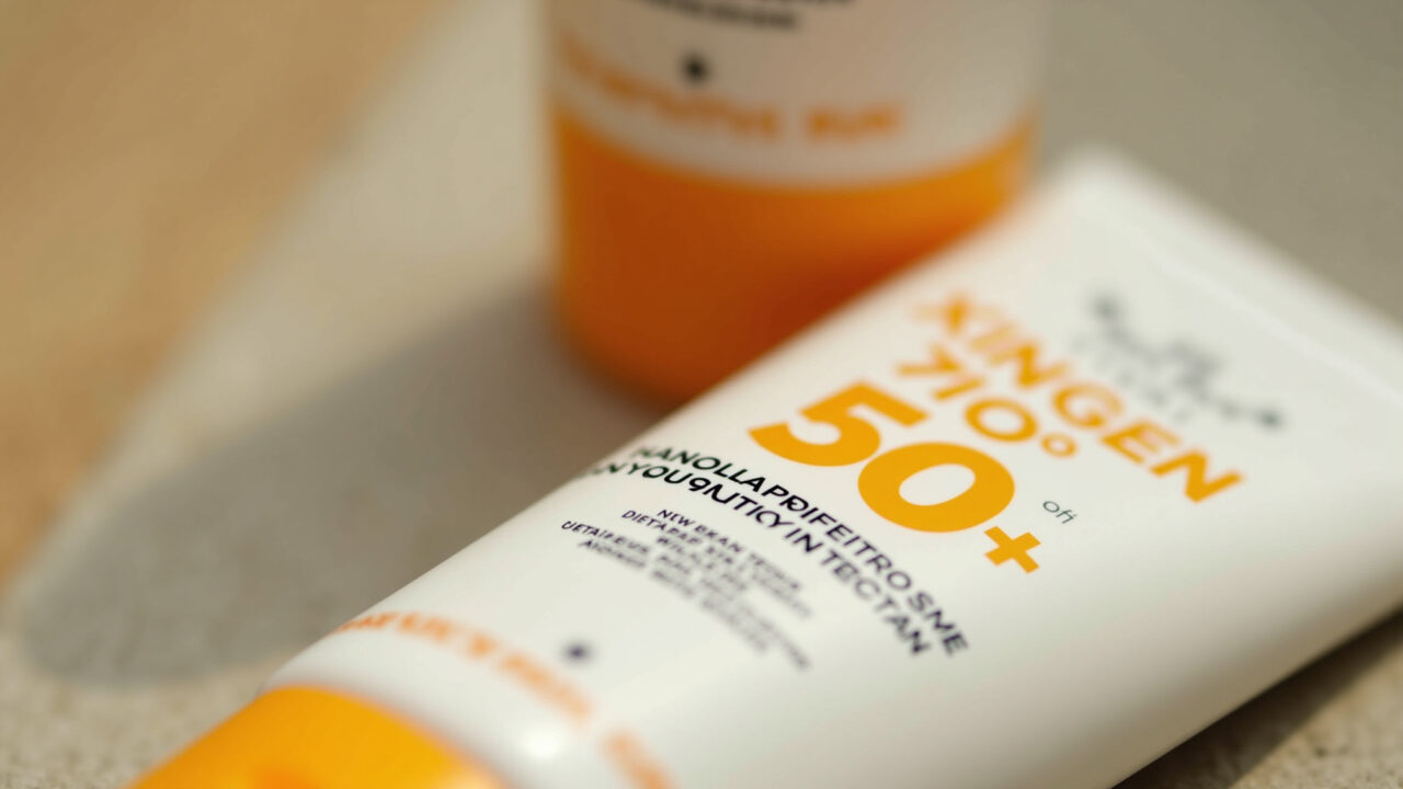 Close-up of tinted sunscreen bottle with SPF 50+, sun protection, natural light, professional Protetor solar com cor e FPS 50+ para alta proteção.