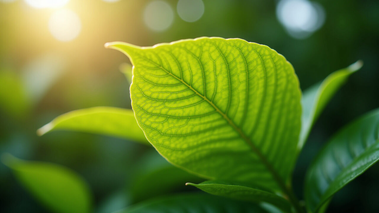Close-up of uvaia leaves, sunlight filtering through, vibrant green, healthy, Eugenia uvalha, macro Folhas verdes e vibrantes de uvaia iluminadas pelo sol.