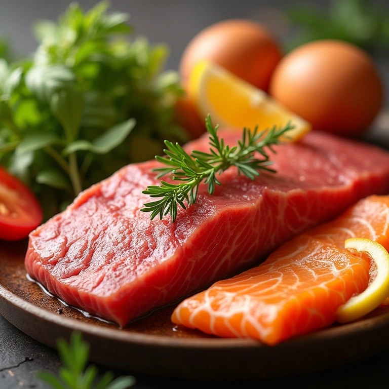 Close-up of various protein sources: steak, salmon, eggs, keto-friendly, vibrant colors, Fontes de proteína para dieta cetogênica: carne, peixe, ovos.