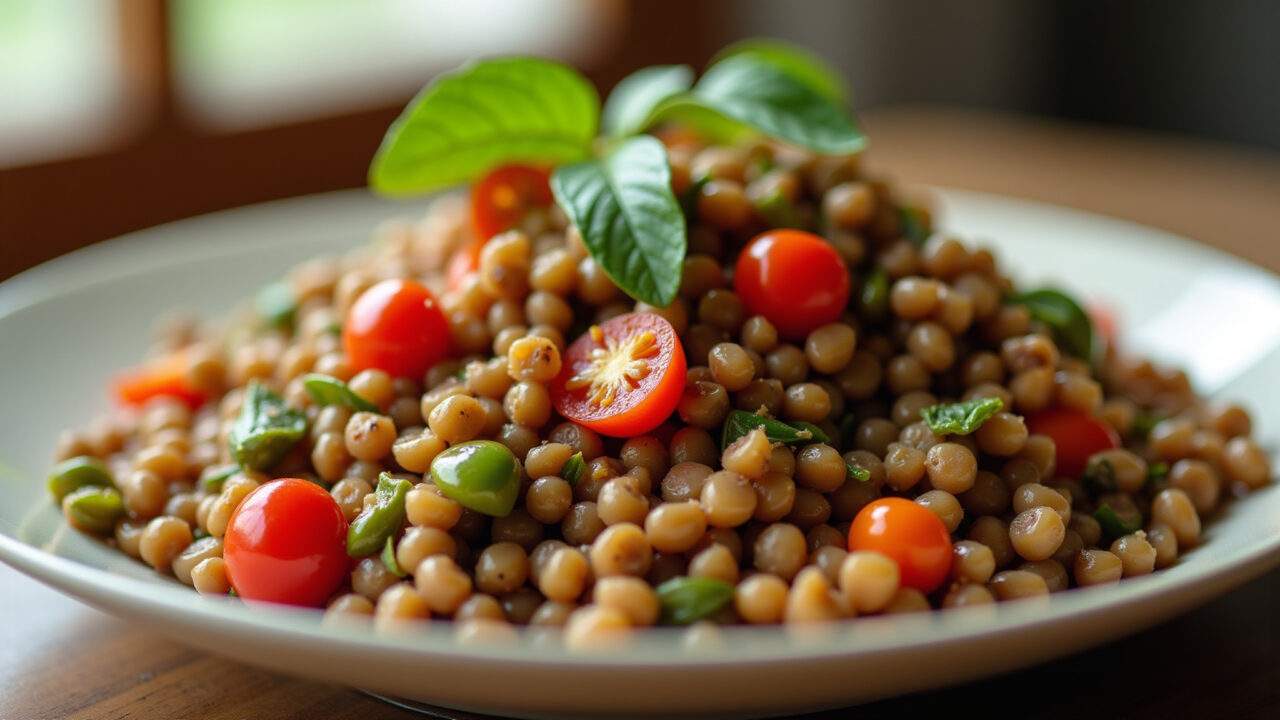 Close-up of vibrant lentil salad with cooked vegetables, natural light, professional photography, Salada de lentilha com legumes cozidos, cores vibrantes.