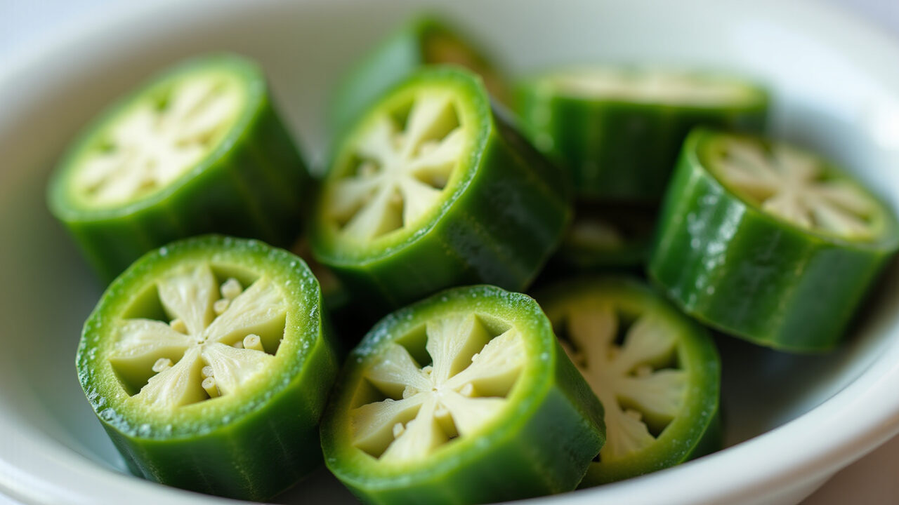 Close-up of vibrant okra slices, showcasing its natural texture, studio shot, 8k, sharp focus, Quiabo fresco em close-up, destacando sua textura e cor vibrante.