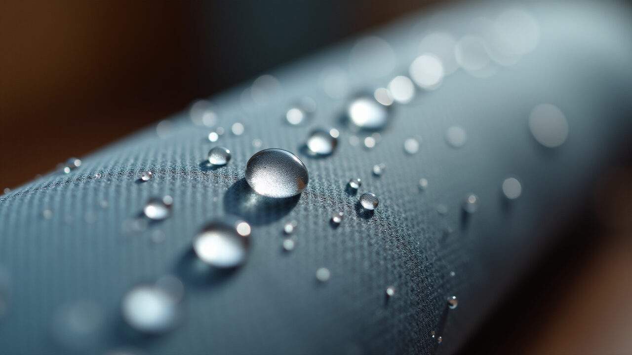 Close-up of water droplets beading on fabric after homemade waterproofing, natural light, lifestyle Tecido impermeabilizado com produto caseiro repelindo água.