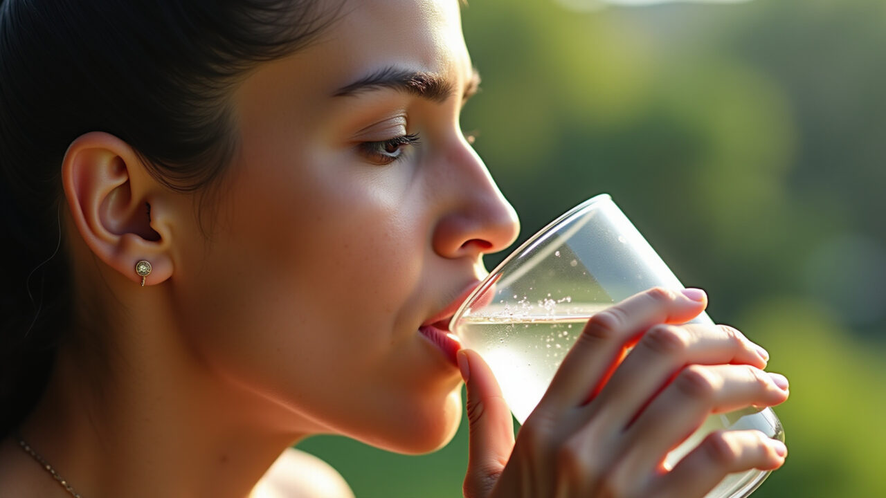 Close-up of woman drinking water, natural light, 8k, sharp focus, lifestyle photography, vibrant Mulher bebendo água, um hábito essencial para manter a pele hidratada e saudável.