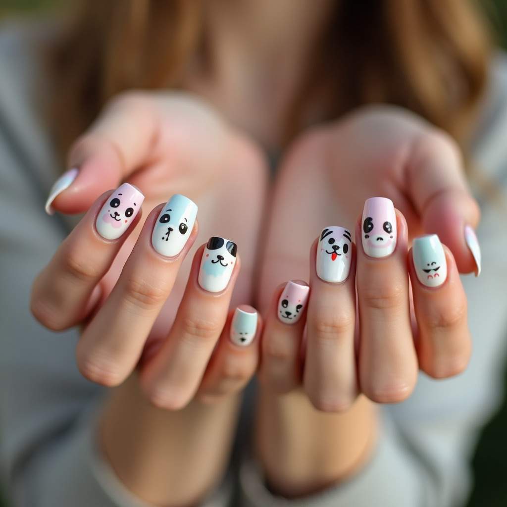 Close-up of woman's hands with puppy-themed nail art, pastel colors, playful design, natural Unhas decoradas com tema de filhotes, cores pastel.