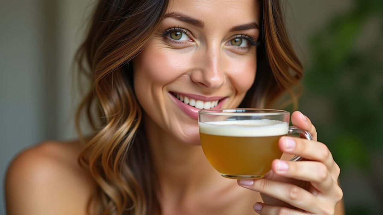 Close-up of woman's radiant skin, cup of siriguela leaf tea, natural skincare, healthy lifestyle, Chá de folha de siriguela para uma pele radiante.