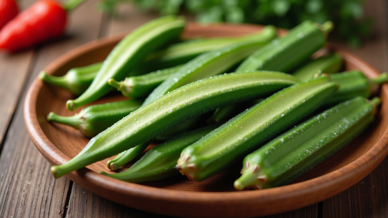 Close-up okra nutritional table, healthy eating, vibrant colors, studio shot, 8k quality, sharp Tabela nutricional do quiabo, alimentação saudável.