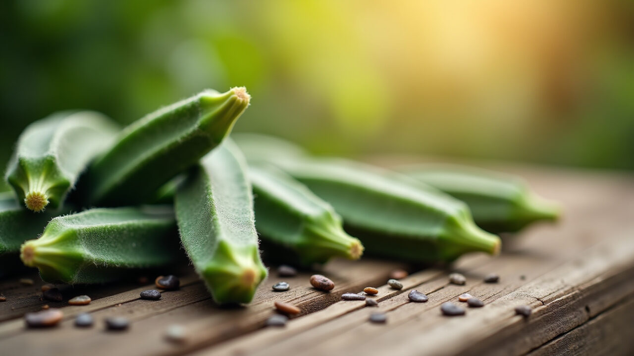 Close-up, okra seeds on rustic wooden table, sunlight, organic gardening, professional photography, Sementes de quiabo prontas para o plantio em quintal ensolarado.