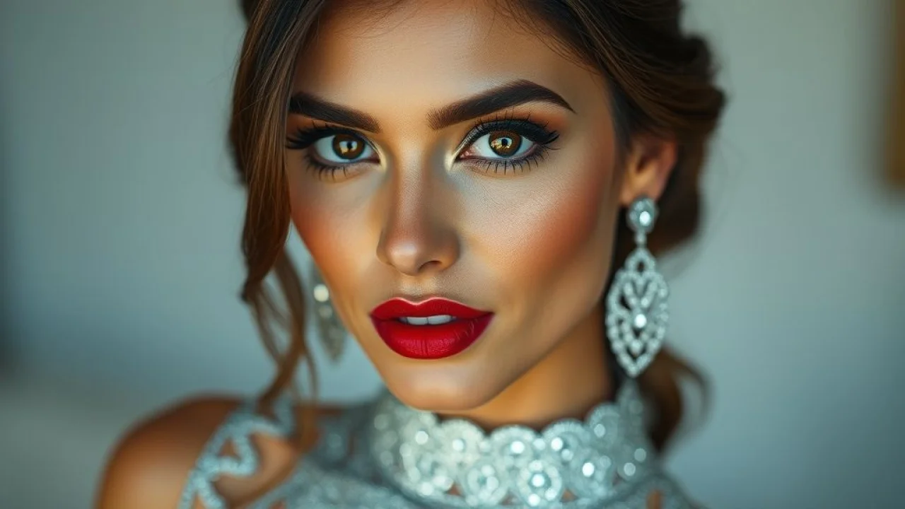 Mulher brasileira deslumbrante com vestido prata e maquiagem elegante com batom vermelho.