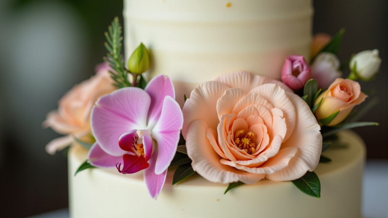 Bolo decorado feminino com flores naturais