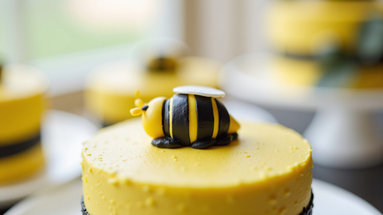 Close-up professional photography of a simple buttercream bee cake, yellow and black stripes, one Bolo decorado abelhinha simples com cobertura de buttercream.