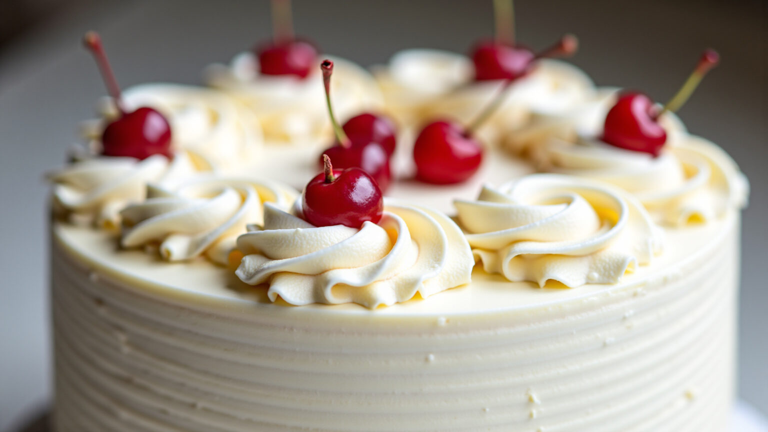 Bolo simples decorado com chantilly e cerejas.