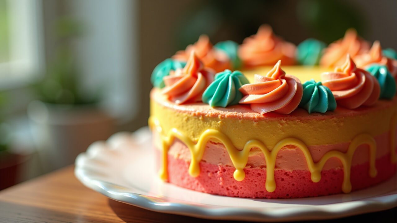 Close-up professional photography of a vibrant decorated cake with chantilly frosting, soft natural Bolo decorado com chantilly, leve e elegante.