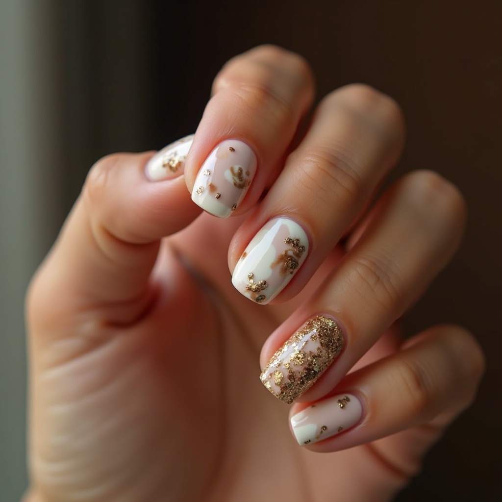 Close-up, professional photography of coffee and milk nail art on diverse woman's hand, warm tones, Unha decorada café com leite, tons suaves.