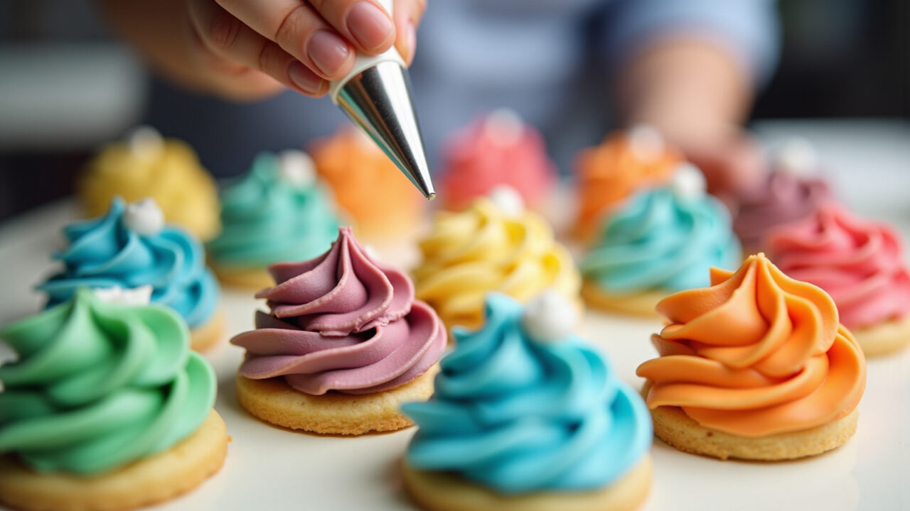 Close-up professional photography of diverse piping tips creating intricate cake decorations, Bicos de confeitar criando decorações detalhadas em bolo.